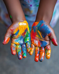 Child's hands covered in colorful paint