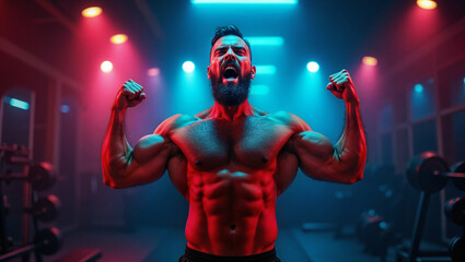 A powerful athlete stands flexing his muscles in a dimly lit gym, bathed in blue and red neon lights