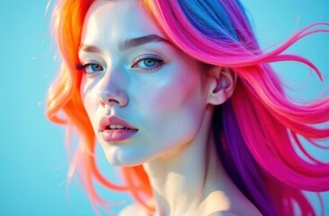 Obraz premium Colorful hair, digital art style, blue background, concept of creativity