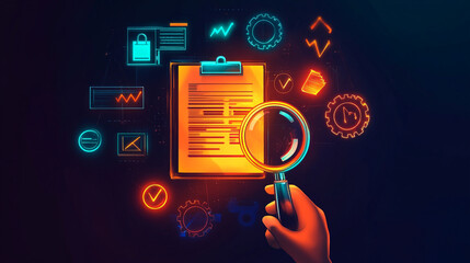 An illustration of the document review process showcasing collaboration analysis and verification with organized workflow and professional detailing.







