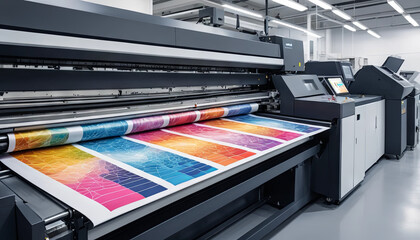 In a contemporary printing studio, a large format printer produces colorful graphic prints featuring intricate patterns. The vibrant colors showcase advanced printing technology