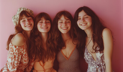 Obraz premium Joyful friends group smiling together studio setting photograph cheerful atmosphere close-up view friendship concept