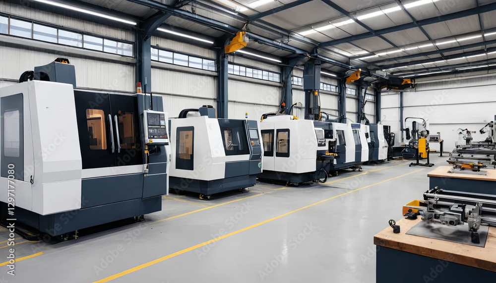 Poster a well-organized machining workshop includes advanced cnc machines lined up, showcasing a clean and 