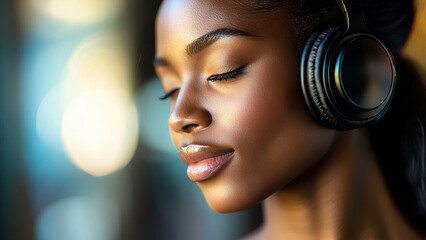 Black woman wearing headphones. High resolution aesthetic suitable for advertising purposes. Photo to attract attention in banner ads. Young black woman. Generated AI.