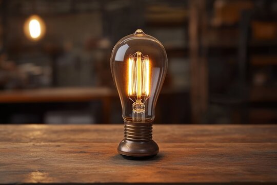 A glowing vintage Edison light bulb sits on a rustic wooden table, casting a warm inviting light. - Powered by Adobe