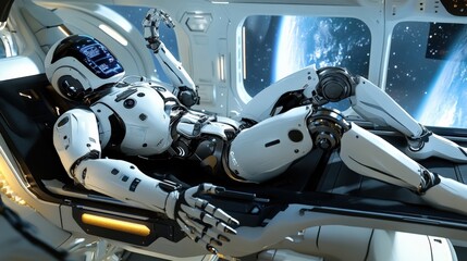 Fototapeta premium Futuristic humanoid robot relaxing on a seat inside a spaceship, looking at planet earth through a window, showcasing the advancements in artificial intelligence and space exploration