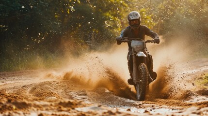 Rider on a Cross-Country Enduro Motorcycle Racing Fast, Drift Action in Thrilling Motocross Adventure, Moto Sport Isolated on Background with Copy Space. Motorsport Concept with Copy Space.