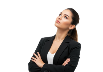 A professional young woman with long sleek brown hair tied back in a ponytail isolated on transparent background