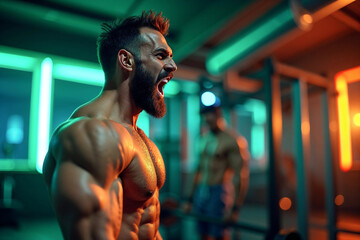 A muscular man exudes raw power as he lifts weights, embodying intensity and focus in a vibrant gym illuminated by colorful neon lights