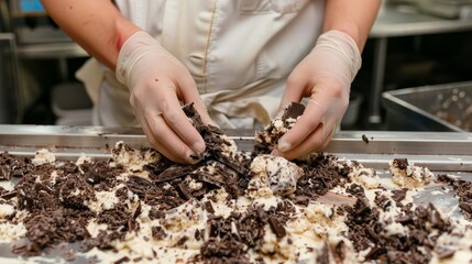 Ice cream machine dispensing toppings on delicious frozen treats in manufacturing facility