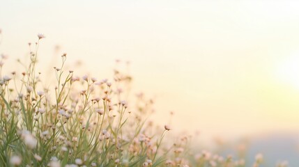 Fototapeta premium A field of flowers with a bright sun in the background. The flowers are in full bloom and the sun is shining brightly, creating a warm and inviting atmosphere