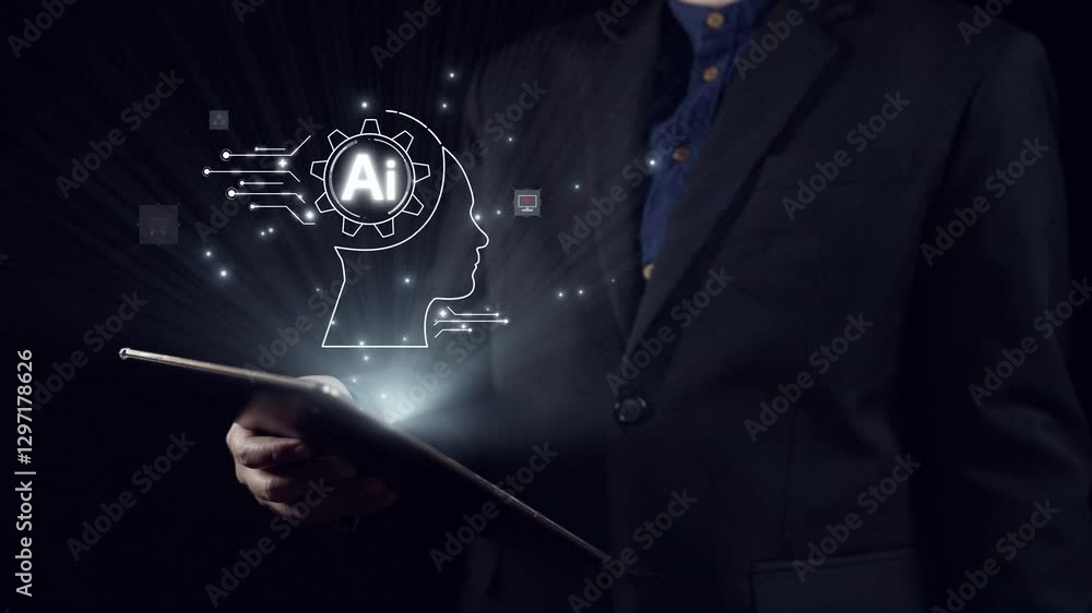 Poster human interact with ai artificial intelligence brain processor in concept of ai artificial intellige