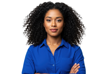 A businesswoman with curly black hair wearing a royal blue shirt stands with her arms crossed isolated on transparent background