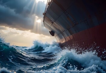 Cargo Ship Navigating Through Stormy Seas with Dramatic Sunlight, Maritime Scene