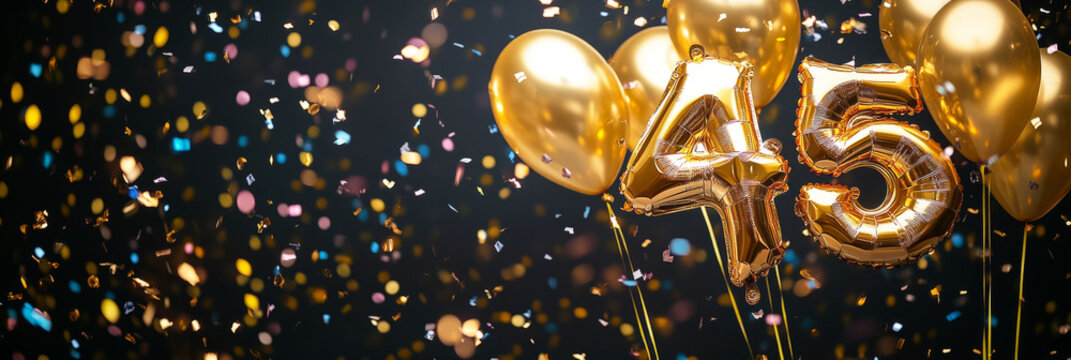 A dazzling gold foil 45 balloon with vibrant gold balloons and flying confetti, capturing the excitement and joy of a 45th celebration in a bright, glamorous, and festive style, banner