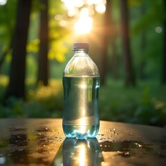 A clear plastic water bottle on a wooden table in a lush green forest