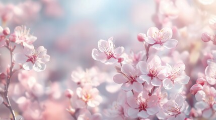 A close up of a bunch of pink flowers with a light blue background. The flowers are in full bloom and the overall mood of the image is serene and peaceful