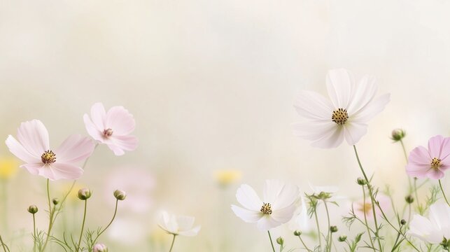 A field of white flowers with yellow flowers in the background. The flowers are in full bloom and the field is lush and green. Concept of peace and tranquility - Powered by Adobe