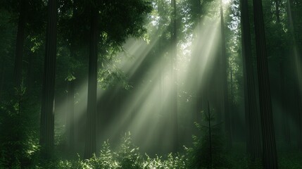 A forest with sunlight shining through the trees. The light is bright and warm, creating a peaceful and serene atmosphere. The trees are tall and green