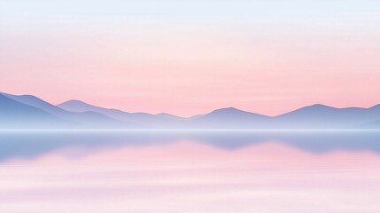 Fototapeta premium A serene and peaceful scene of a mountain range with a calm lake in the foreground. The sky is a soft pink color, creating a tranquil atmosphere