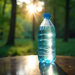 A clear plastic water bottle on a wooden table in a lush green forest