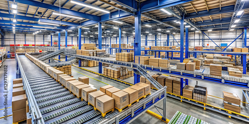 Aufkleber bright and spacious warehouse filled with neatly arranged boxes on shelves. an automated conveyor sy