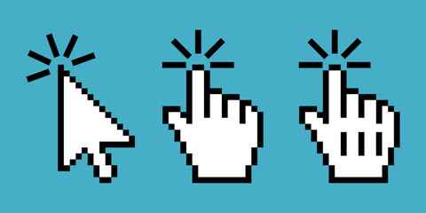 Pixel cursor pointers. Set of 8 bit computer mouse cursor pointers, arrow, hand.