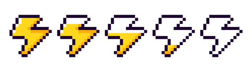 Obraz premium Pixel game energy bar, game energy scale. 8 bit set of lightning bolts. Pixelated thunderbolts with different fill levels.