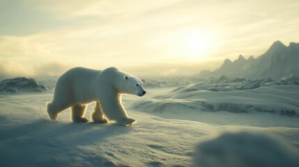 Pristine Arctic Landscape with Lone Polar Bear Trekking Across Snowfields