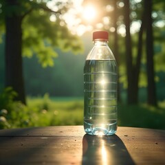 A clear plastic water bottle on a wooden table in a lush green forest