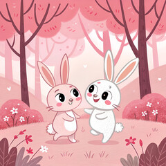 Obraz premium Children's cute illustration with hares in pink colors