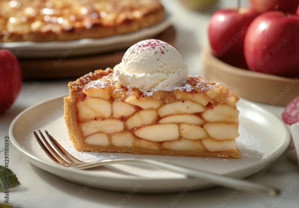 Poster freshly baked apple pie slice topped with vanilla ice cream and garnished with powdered sugar on a e