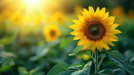 Bright yellow sunflower blooms in a lush field while sunlight filters through vibrant petals on a warm summer day