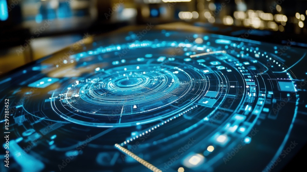 Poster futuristic interface displaying internet of things data in augmented reality, featuring glowing blue
