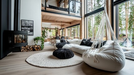 A modern and airy interior living room with a forest view