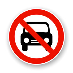 Automobiles is forbidden. Round vector icon. Black car in red crossed circle on white background.