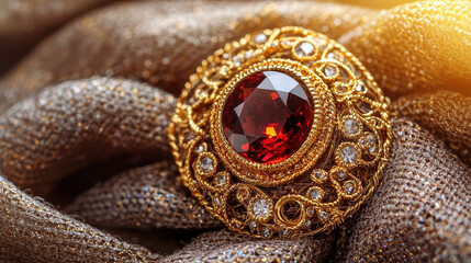 Obraz premium Rare handcrafted vintage brooch adorned with gemstones and gold on soft fabric, highlighting exquisite craftsmanship and elegance in natural light
