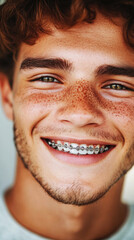 Fototapeta premium A youthful, cheerful guy with braces and a confident expression, captured in vibrant, natural style, perfect for orthodontic and dental care content