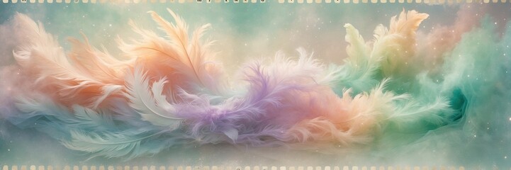 Obraz premium Pastel feathers soft background. Delicate colorful feathers in gentle arrangement. Abstract pastel palette colors. wide banner size