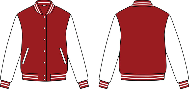 Red and white Bomber Jacket Flat Vector Illustration, Varsity Jacket Mockup Varsity Jacket Fashion Flat Template