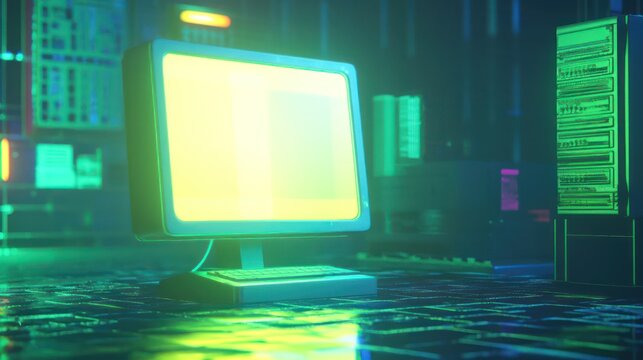 A neon glowing retro computer system in a technological environment - Powered by Adobe