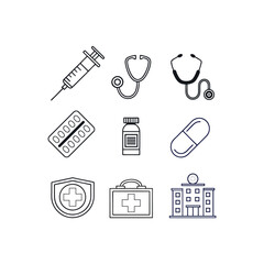 Medical Icons Set | Healthcare Line Art | Hospital & Pharmacy Symbols,medical, healthcare, hospital, doctor, nurse, syringe, injection, stethoscope