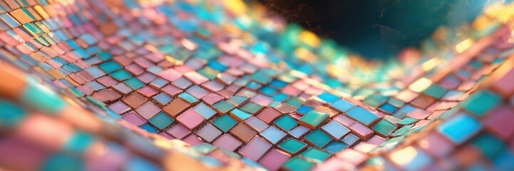 Colorful square tiles surface with wave form. Blue pink and yellow colors make abstract mosaic. Shiny cubes reflect light in blurry rendering ultrawide banner size