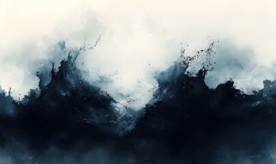Abstract painting of turbulent dark blue and white waters with splatter details