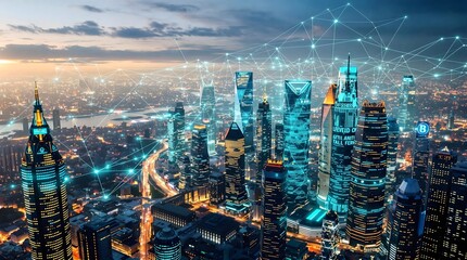 Futuristic Cityscape at Dusk with Glowing Network Connections, Urban Technology