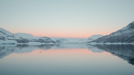 Pristine Arctic Fjord at Sunrise with Icebergs in Glasslike Waters