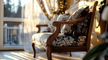 A decorative vintage armchair sits next to window sunlight
