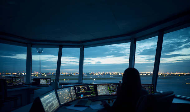 internal area of ​​a control tower at an airport at night