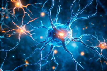 This visual representation reveals detailed neurons with long, branching structures illuminated in blue and orange tones
