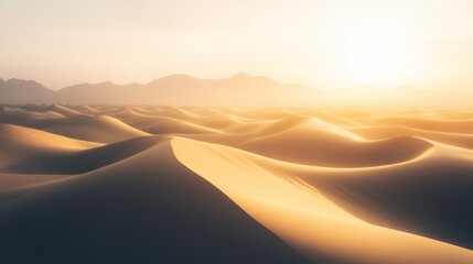 Rolling Sand Dunes at Dawn with Golden Light and Long Shadows